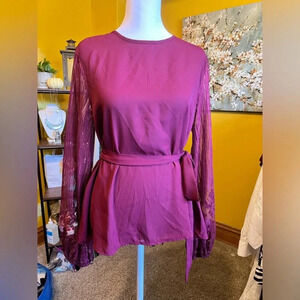 3/$15 Burgundy Top with Sheer Lace Detail Sleeve